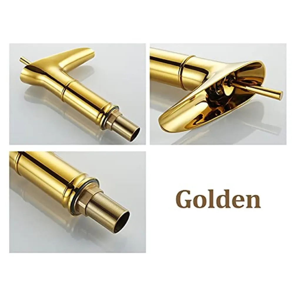 Waterfall Gold Basin Tap Faucet for Bathroom Toilet Wash Basins Hot and Cold Water, 7 Inch Height, Golden Colour (El Dorado Petite)