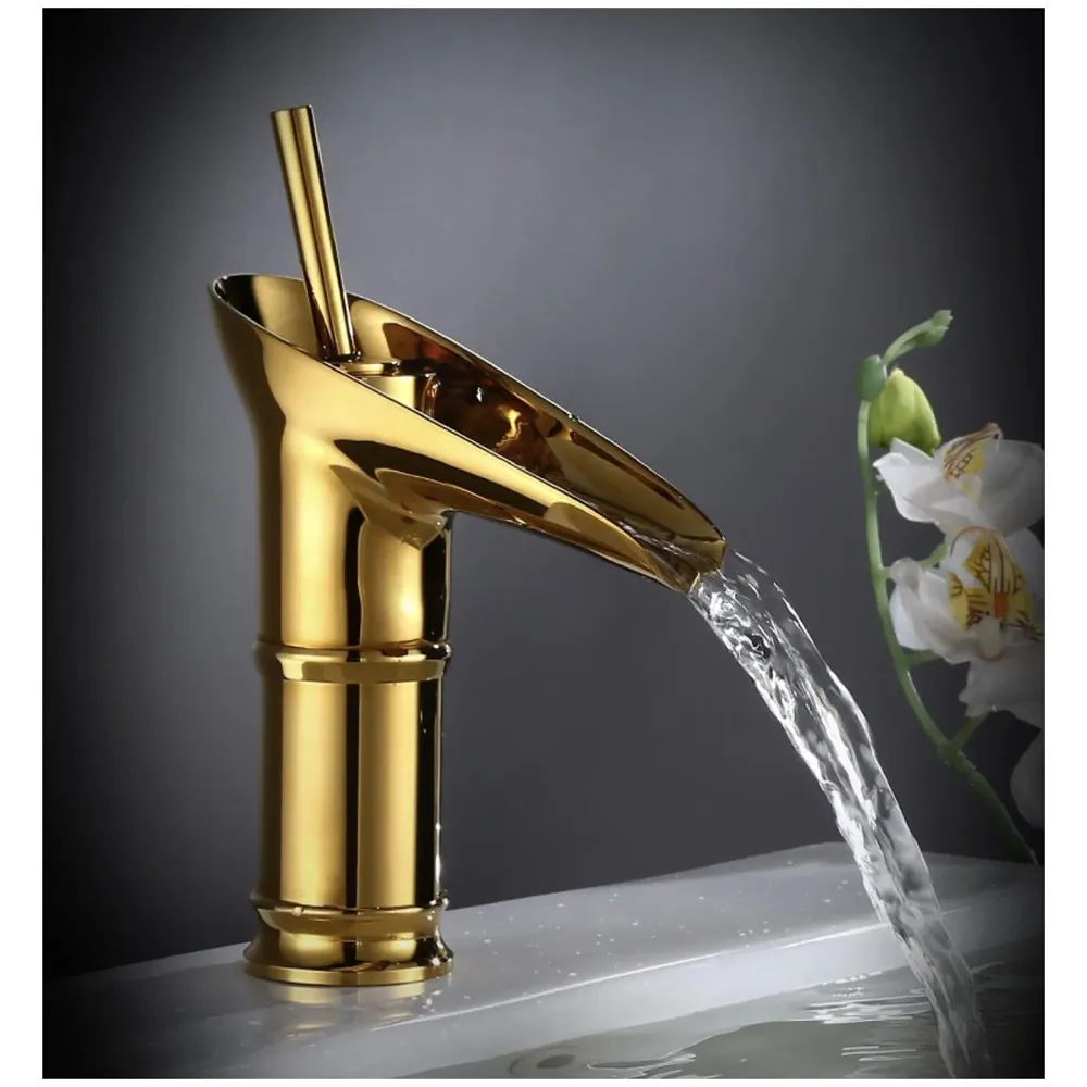 Waterfall Gold Basin Tap Faucet for Bathroom Toilet Wash Basins Hot and Cold Water, 7 Inch Height, Golden Colour (El Dorado Petite)