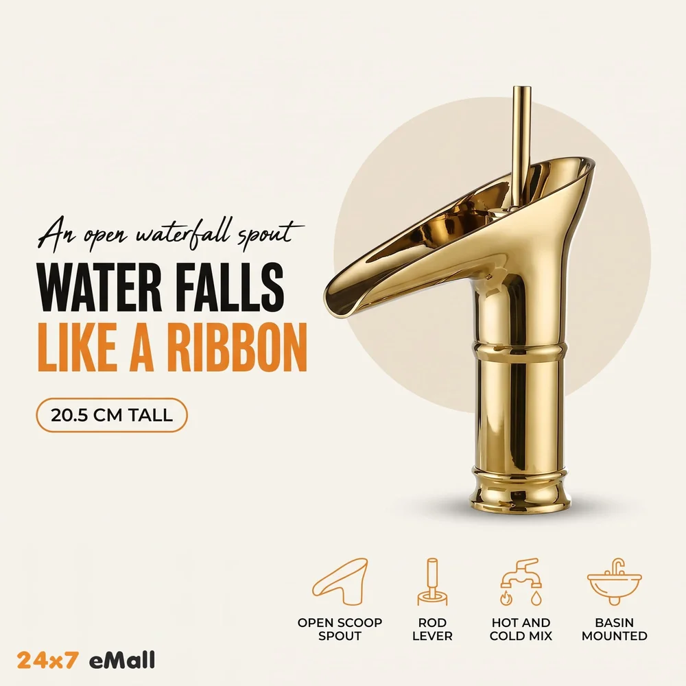 Waterfall Gold Basin Tap Faucet for Bathroom Toilet Wash Basins Hot and Cold Water, 7 Inch Height, Golden Colour (El Dorado Petite)