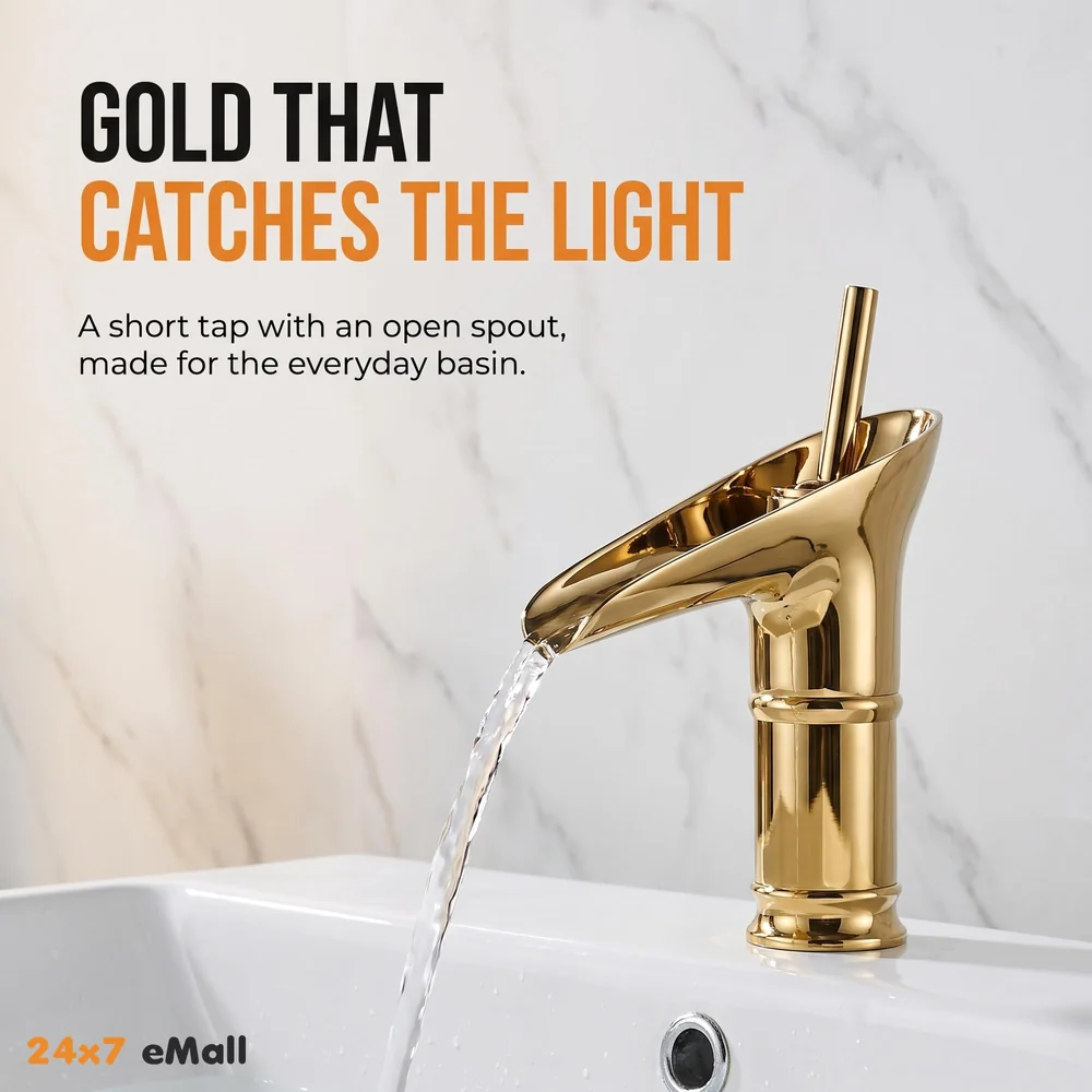 Waterfall Gold Basin Tap Faucet for Bathroom Toilet Wash Basins Hot and Cold Water, 7 Inch Height, Golden Colour (El Dorado Petite)