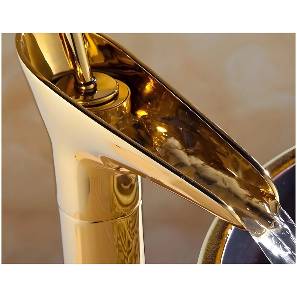 Waterfall Gold Basin Tap Faucet for Bathroom Toilet Wash Basins Hot and Cold Water, 7 Inch Height, Golden Colour (El Dorado Petite)