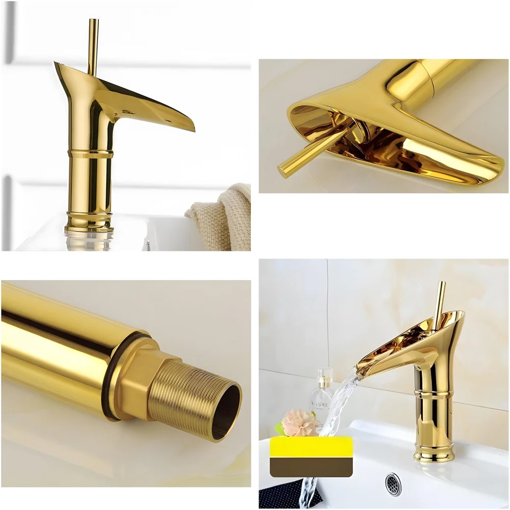 Waterfall Gold Basin Tap Faucet for Bathroom Toilet Wash Basins Hot and Cold Water, 7 Inch Height, Golden Colour (El Dorado Petite)