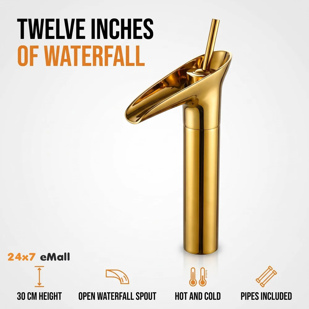 Gold Basin Mixer Faucet Tap Hot and Cold, 12 Inch Height Golden Waterfall for Bathroom Toilet Wash Basins - 30 cm Height.