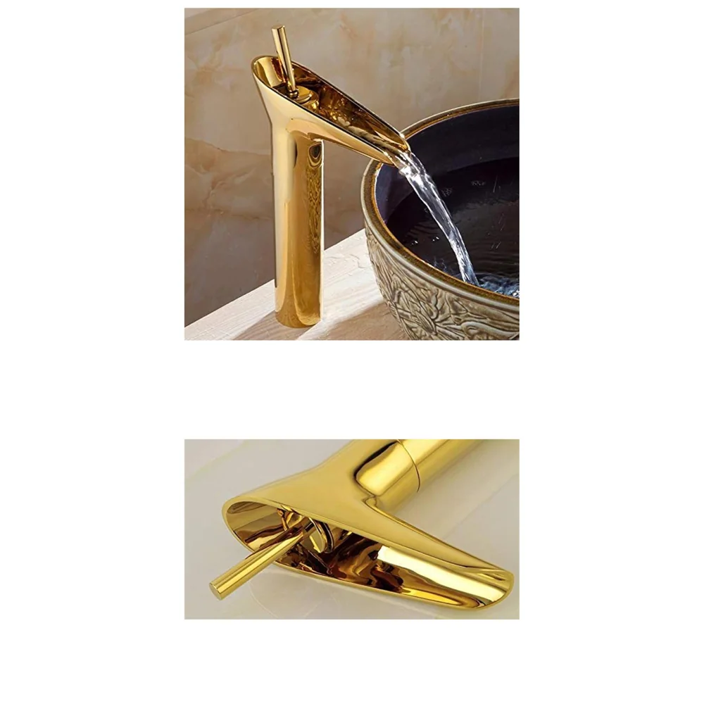 Gold Basin Mixer Faucet Tap Hot and Cold, 12 Inch Height Golden Waterfall for Bathroom Toilet Wash Basins - 30 cm Height.