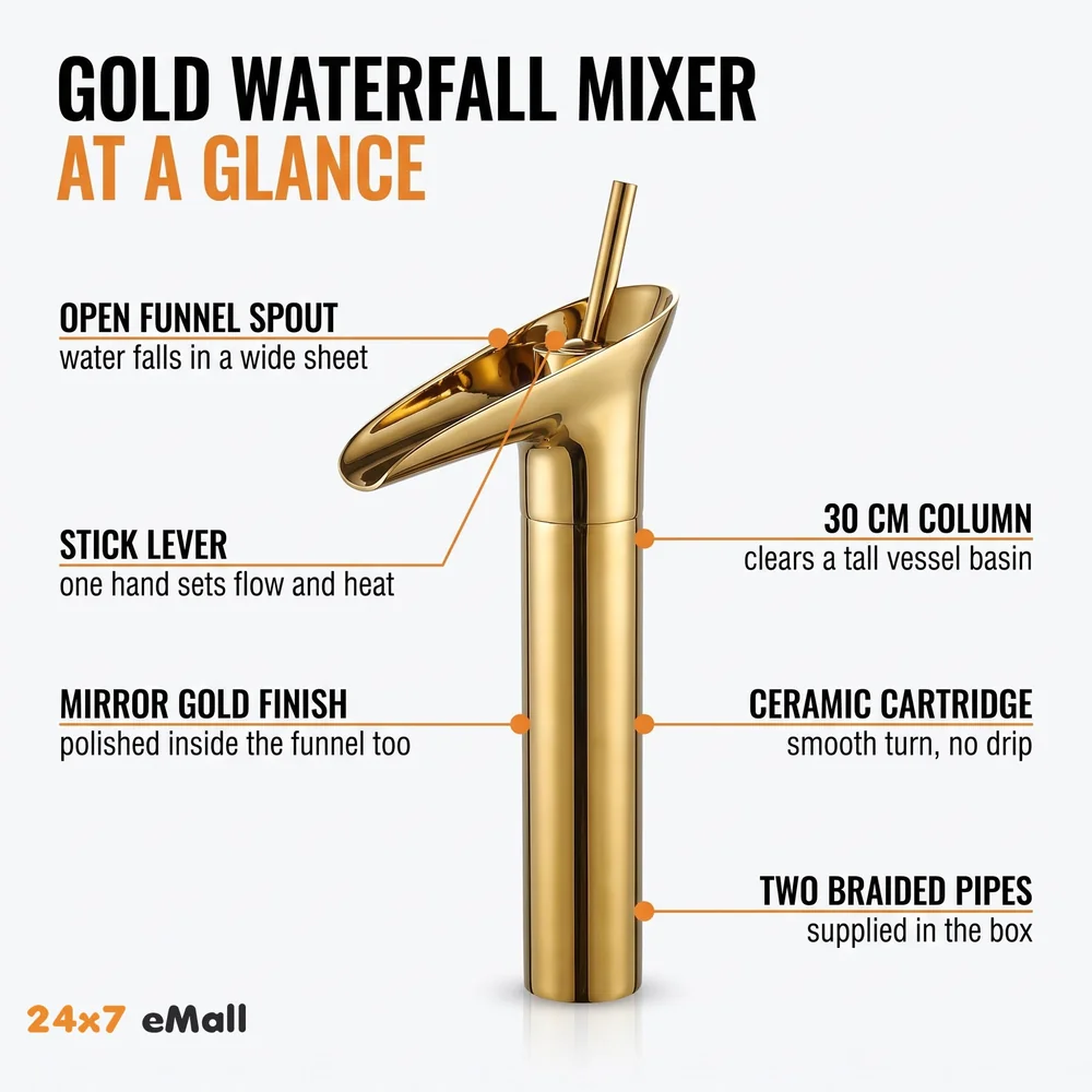Gold Basin Mixer Faucet Tap Hot and Cold, 12 Inch Height Golden Waterfall for Bathroom Toilet Wash Basins - 30 cm Height.
