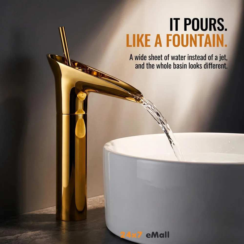 Gold Basin Mixer Faucet Tap Hot and Cold, 12 Inch Height Golden Waterfall for Bathroom Toilet Wash Basins - 30 cm Height.