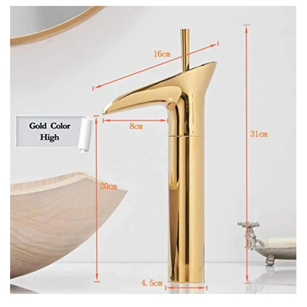 Gold Basin Mixer Faucet Tap Hot and Cold, 12 Inch Height Golden Waterfall for Bathroom Toilet Wash Basins - 30 cm Height.