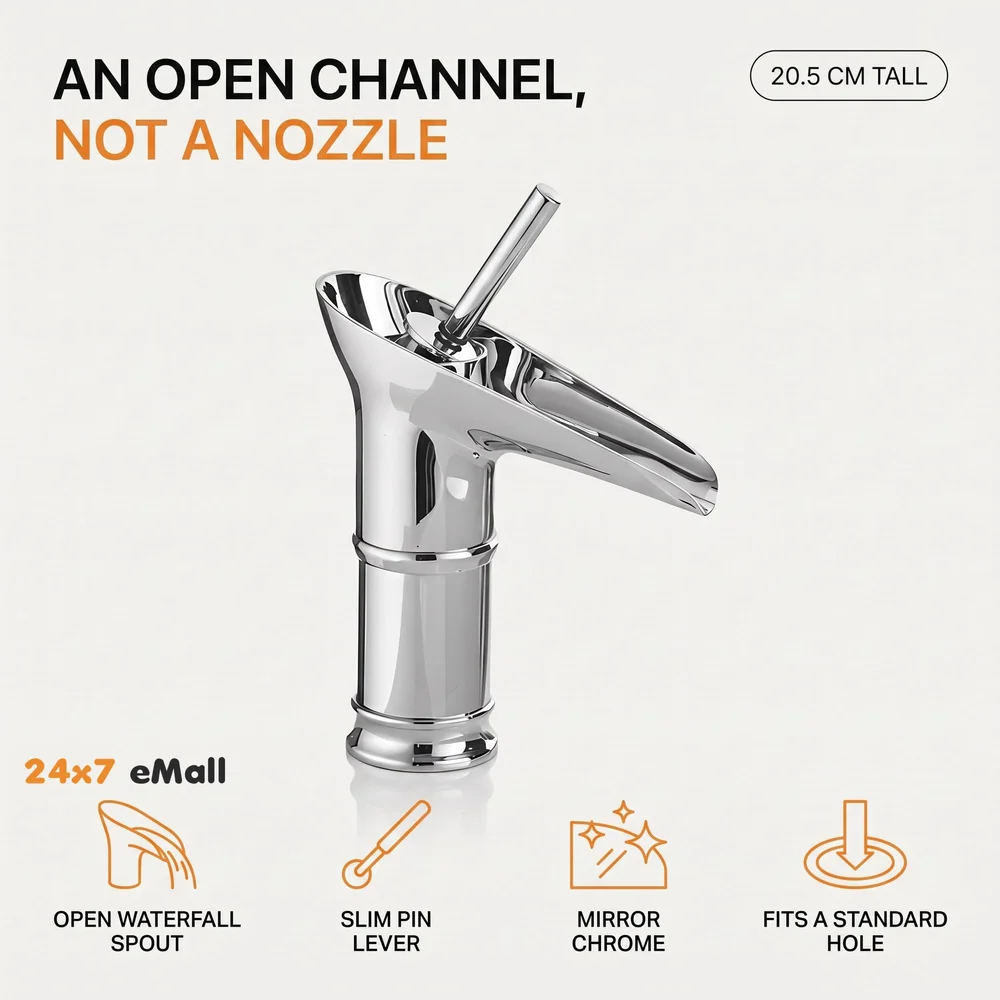 Chrome Silver Bsain tap Faucet Mixer Waterfall for Bathroom Toilet Wash Basins Hot and Cold Water, 7 inch Tap Height Waterfall Spout