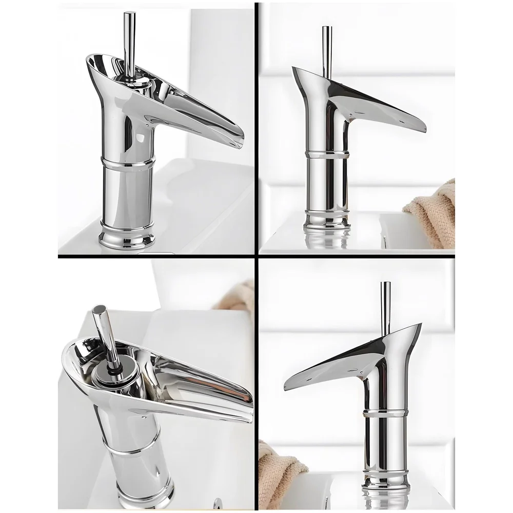 Chrome Silver Bsain tap Faucet Mixer Waterfall for Bathroom Toilet Wash Basins Hot and Cold Water, 7 inch Tap Height Waterfall Spout