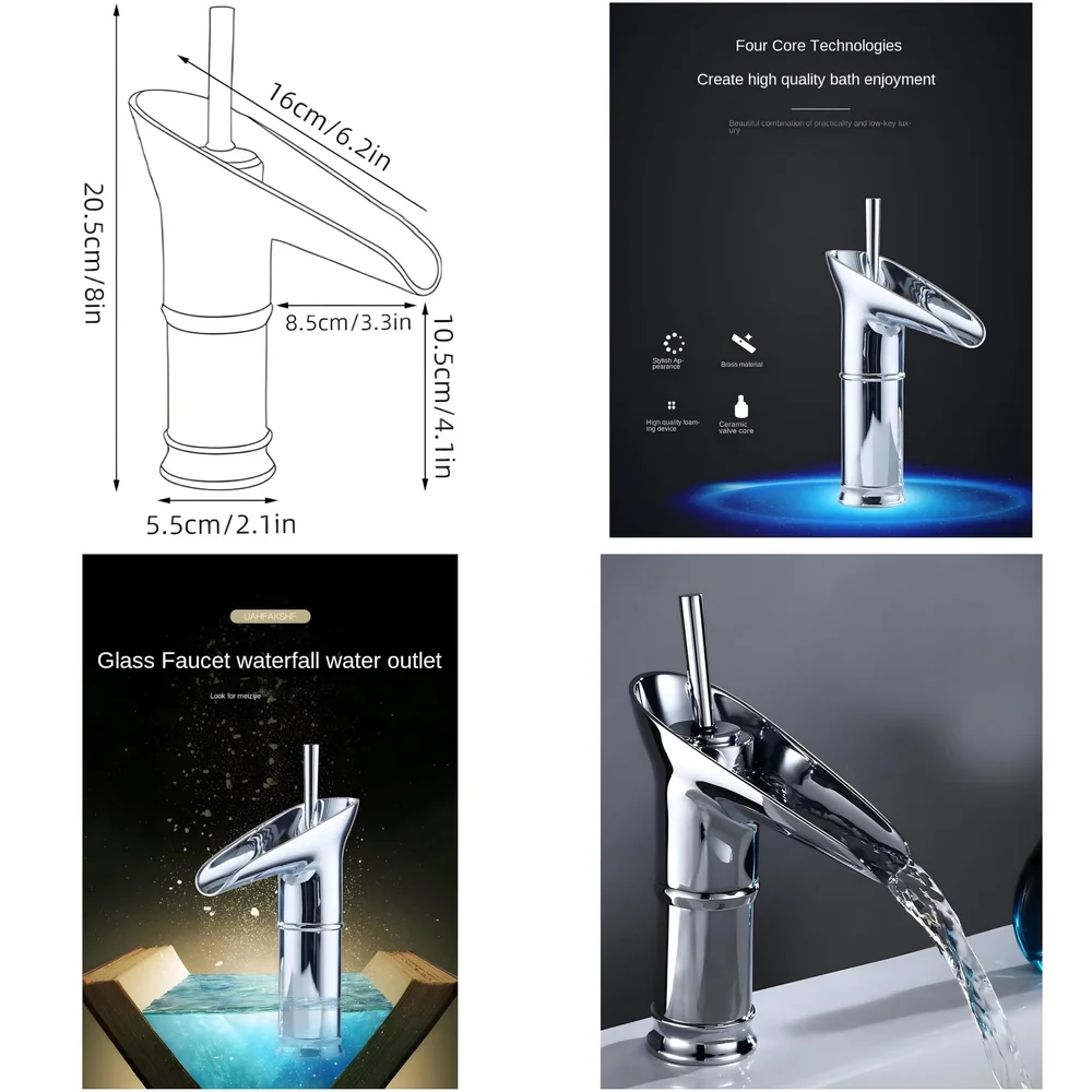 Chrome Silver Bsain tap Faucet Mixer Waterfall for Bathroom Toilet Wash Basins Hot and Cold Water, 7 inch Tap Height Waterfall Spout