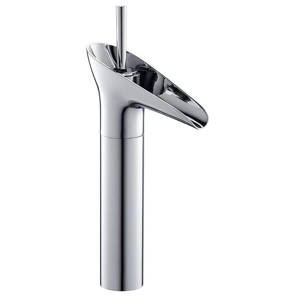 Brass Chrome Silver Waterfall Bathroom Tap Joytick Controlled Hot and Cold Lever Basin Mixer with 2 Braided Connection Pipes 450mm, 7 inch Tap Height