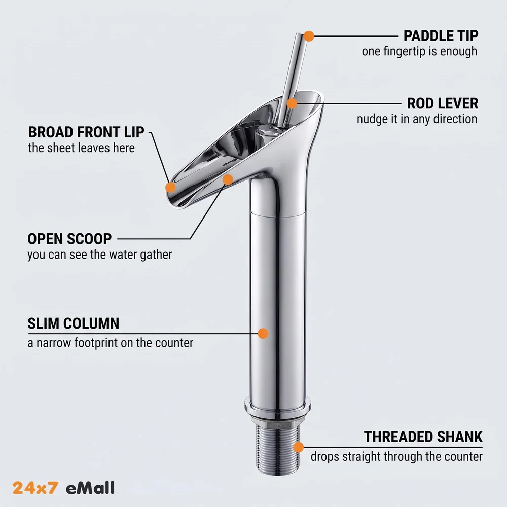 Brass Chrome Silver Waterfall Bathroom Tap Joytick Controlled Hot and Cold Lever Basin Mixer with 2 Braided Connection Pipes 450mm, 7 inch Tap Height