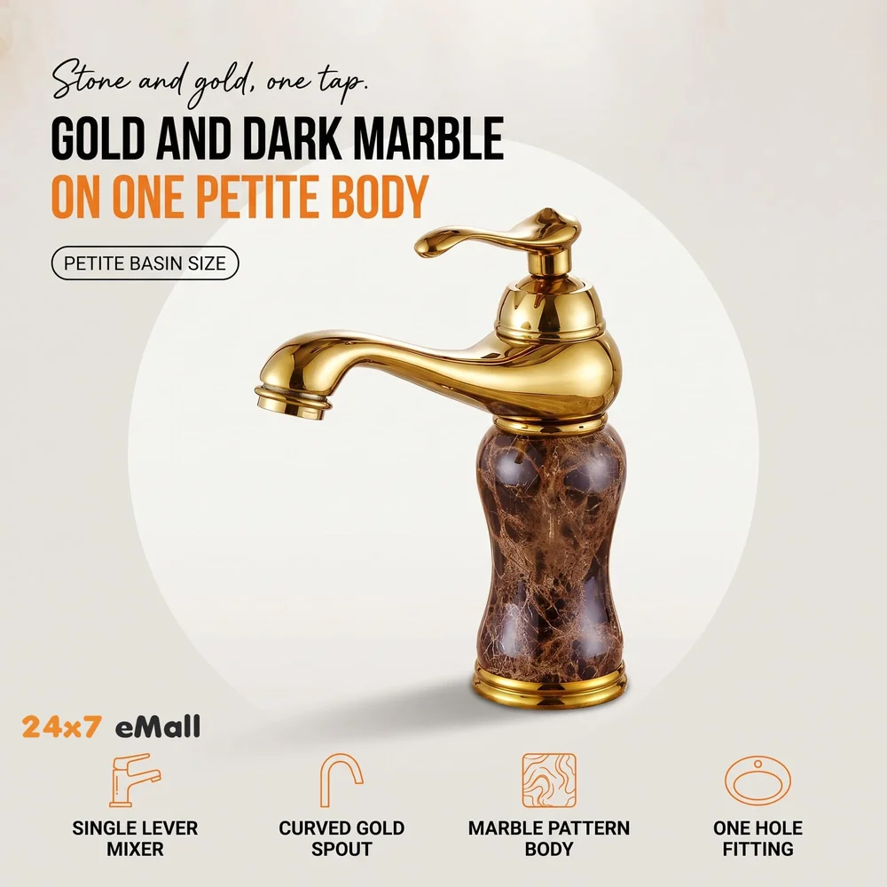 Marble Gold Basin Mixer Faucet Tap, Hot and Cold, 6 Inch Height Emperador Petite 15 cm Height for Bathroom Toilet Wash Basins