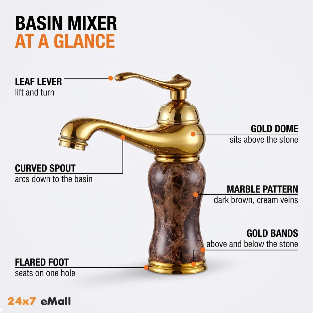 Marble Gold Basin Mixer Faucet Tap, Hot and Cold, 6 Inch Height Emperador Petite 15 cm Height for Bathroom Toilet Wash Basins