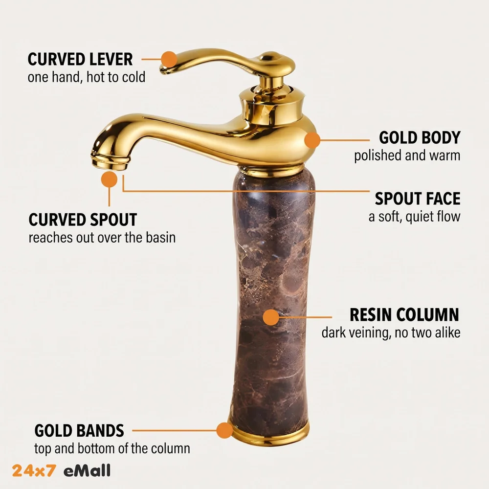 Brass 12 Inch Basin Mixer tap Faucet for Bathroom and Wash basins Toilets Marble Finish Dark Italian Marble Hot and Cold Water