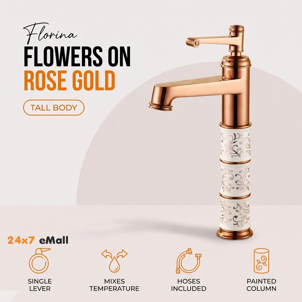 Brass Rose Gold White Flower Basin Mixer Basin Tap Faucet Sink Mixer Colour Aura Florina Hot and Cold for Bathroom Wash Basin Toilet (Tall Body 12 Inches)