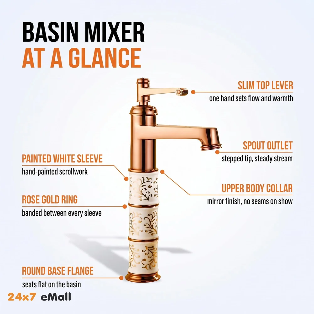Brass Rose Gold White Flower Basin Mixer Basin Tap Faucet Sink Mixer Colour Aura Florina Hot and Cold for Bathroom Wash Basin Toilet (Tall Body 12 Inches)
