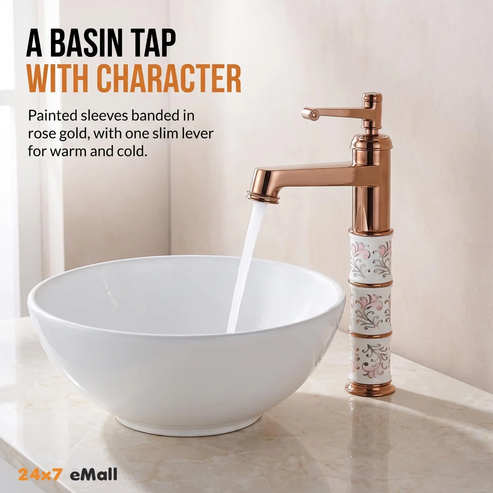 Brass Rose Gold White Flower Basin Mixer Basin Tap Faucet Sink Mixer Colour Aura Florina Hot and Cold for Bathroom Wash Basin Toilet (Tall Body 12 Inches)