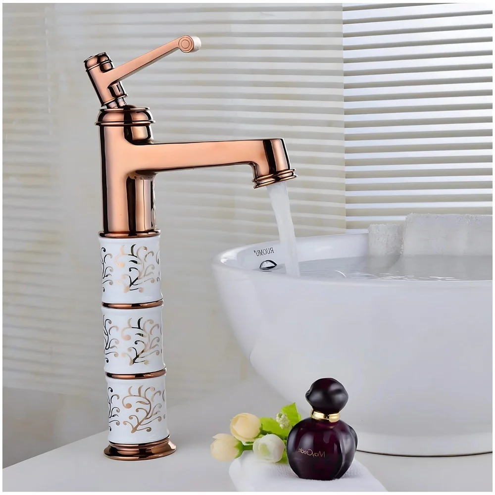 Brass Rose Gold White Flower Basin Mixer Basin Tap Faucet Sink Mixer Colour Aura Florina Hot and Cold for Bathroom Wash Basin Toilet (Tall Body 12 Inches)