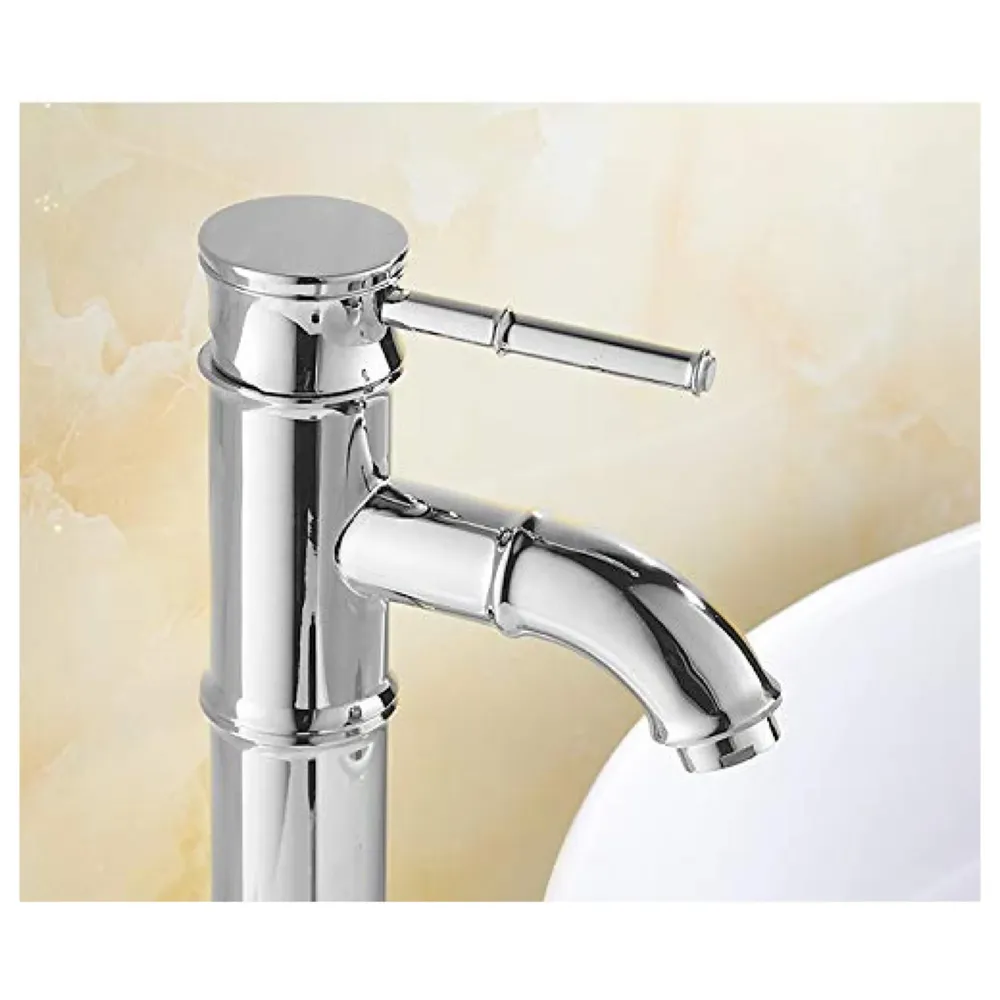 Chrome Silver Bamboo Spout Single Lever Basin Mixer with 2 Braided Connection Pipes 450mm Hot and Cold, Bamboo with Aerated Water Flow, 12 Inches Height