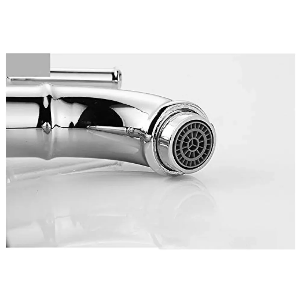 Chrome Silver Bamboo Spout Single Lever Basin Mixer with 2 Braided Connection Pipes 450mm Hot and Cold, Bamboo with Aerated Water Flow, 12 Inches Height