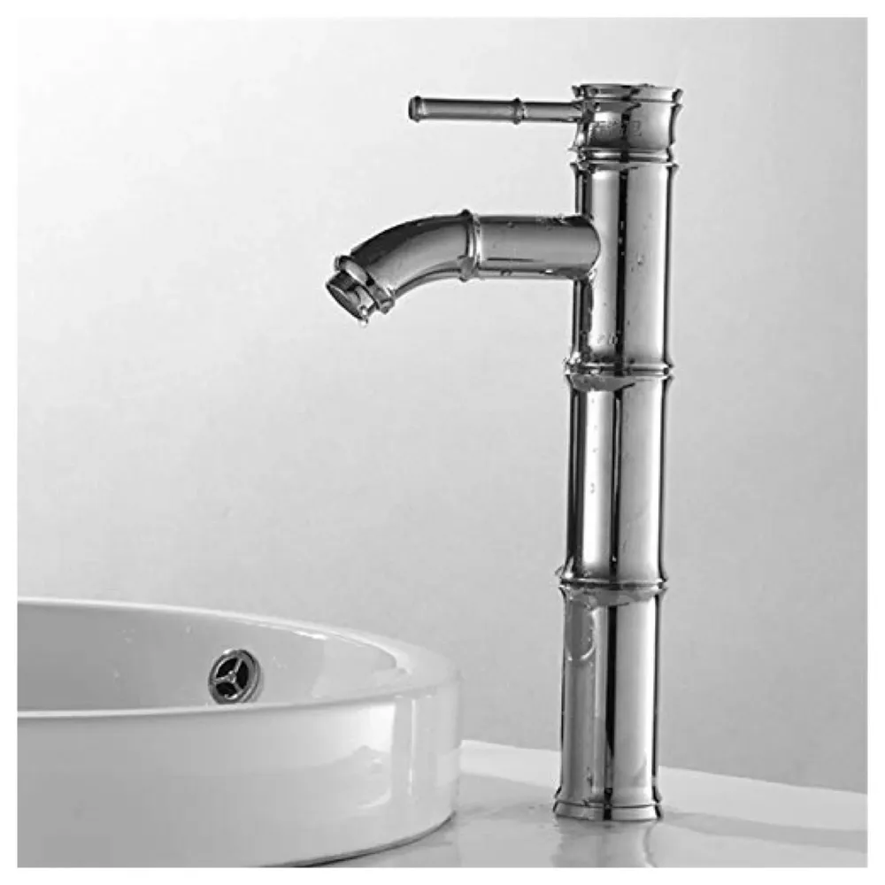 Chrome Silver Bamboo Spout Single Lever Basin Mixer with 2 Braided Connection Pipes 450mm Hot and Cold, Bamboo with Aerated Water Flow, 12 Inches Height