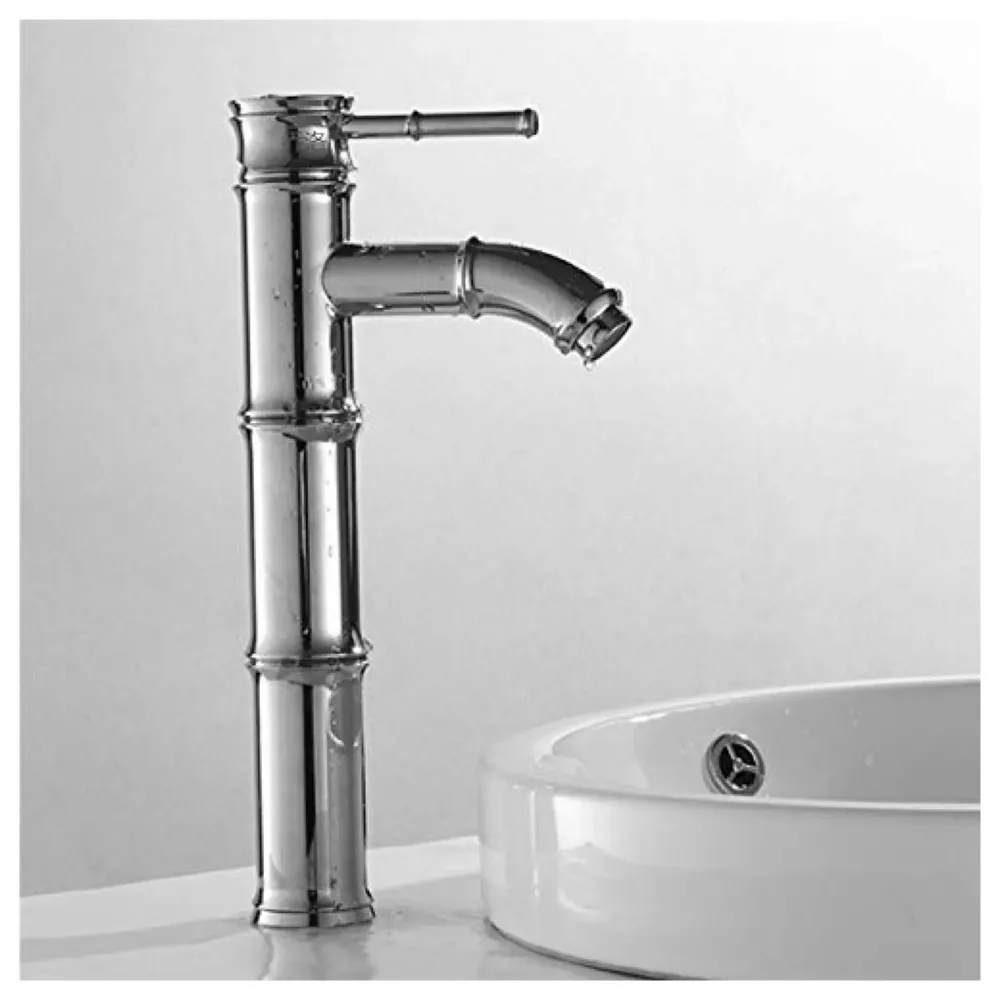 Chrome Silver Bamboo Spout Single Lever Basin Mixer with 2 Braided Connection Pipes 450mm Hot and Cold, Bamboo with Aerated Water Flow, 12 Inches Height