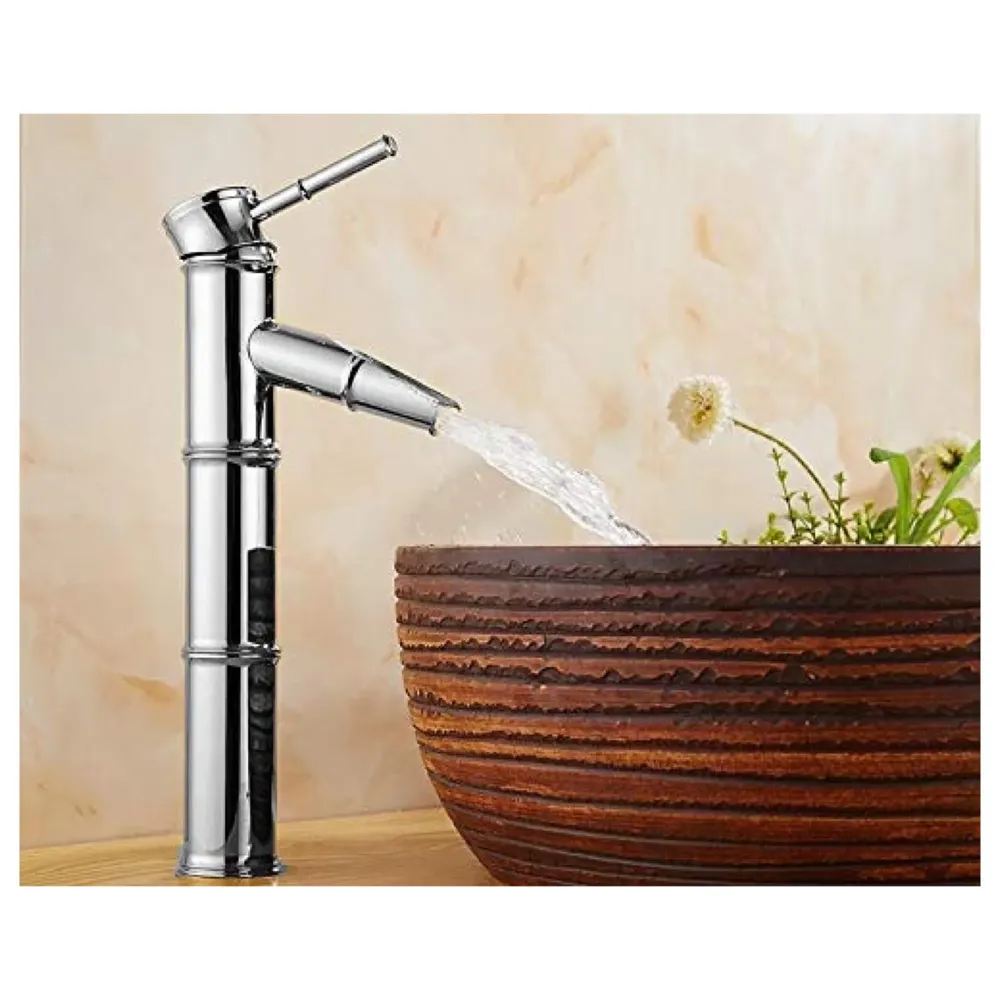 Silver Chrome Waterfall Bamboo Spout Single Lever Basin Mixer with 2 Braided Connection Pipes 450mm Hot and Cold, Bamboo with Aerated Water Flow, 12 Inches Height