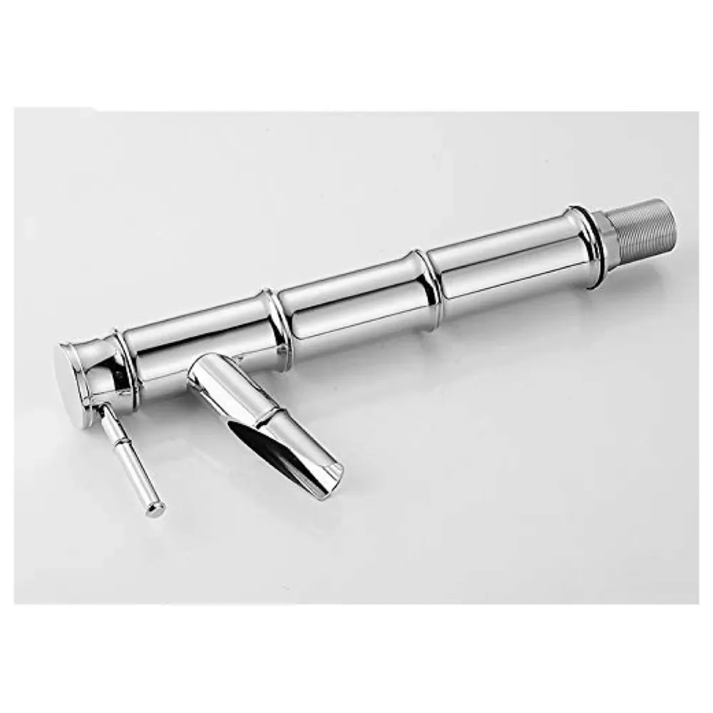 Silver Chrome Waterfall Bamboo Spout Single Lever Basin Mixer with 2 Braided Connection Pipes 450mm Hot and Cold, Bamboo with Aerated Water Flow, 12 Inches Height