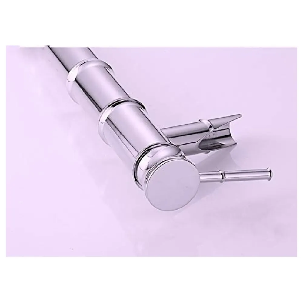 Silver Chrome Waterfall Bamboo Spout Single Lever Basin Mixer with 2 Braided Connection Pipes 450mm Hot and Cold, Bamboo with Aerated Water Flow, 12 Inches Height