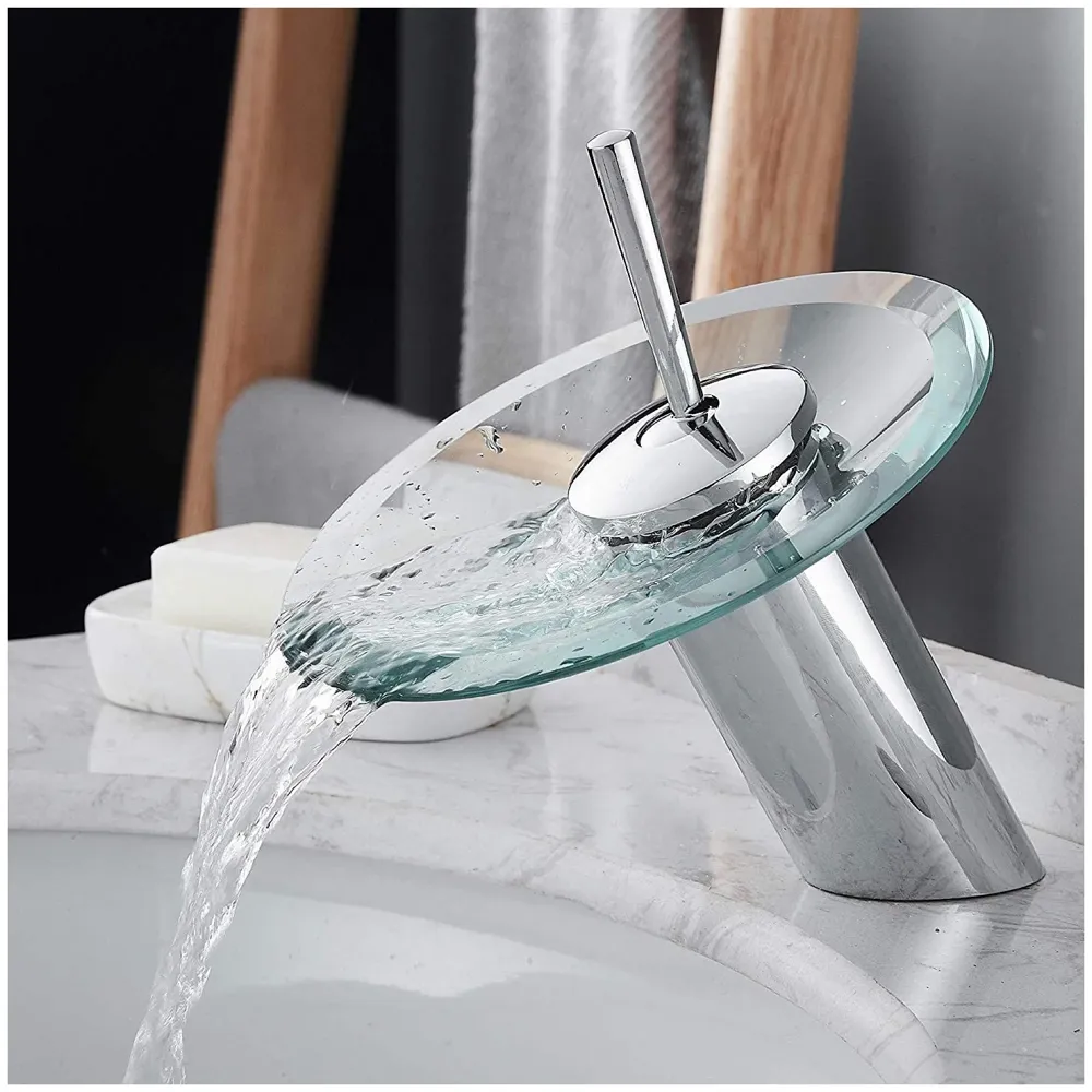 Glass Waterfall Mixer Bathroom Faucet Brass Single Lever Basin Vanity Lavatory Vessel Sink Faucet.