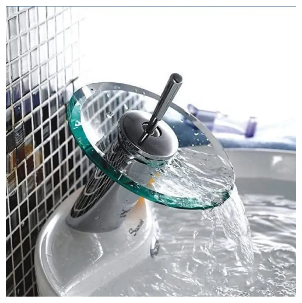 Glass Waterfall Mixer Bathroom Faucet Brass Single Lever Basin Vanity Lavatory Vessel Sink Faucet.