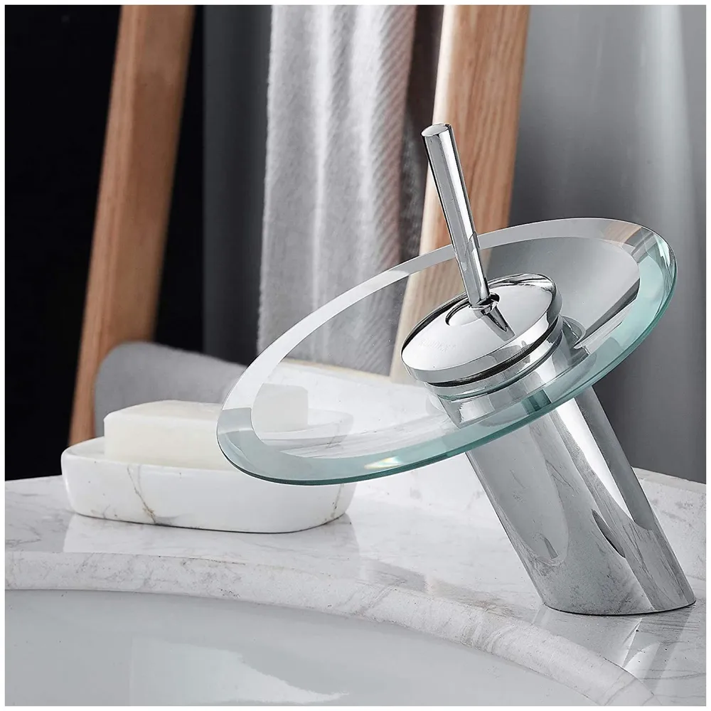 Glass Waterfall Mixer Bathroom Faucet Brass Single Lever Basin Vanity Lavatory Vessel Sink Faucet.