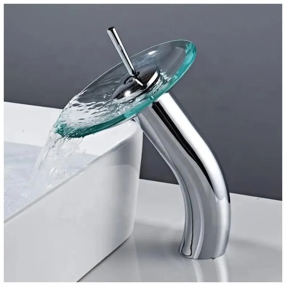 Tall Glass Waterfall Mixer Bathroom Faucet Brass Single Lever Basin Vanity Lavatory Vessel Sink Faucet 11 Inches