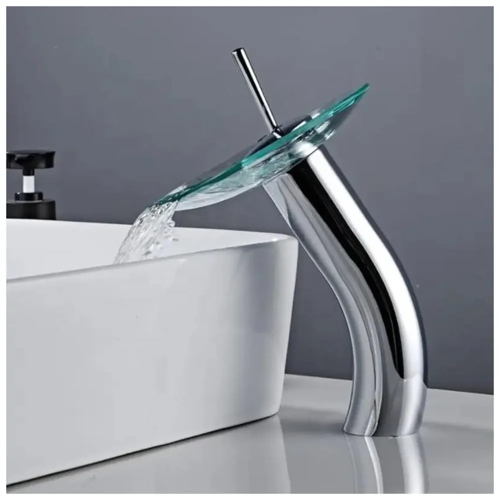 Tall Glass Waterfall Mixer Bathroom Faucet Brass Single Lever Basin Vanity Lavatory Vessel Sink Faucet 11 Inches