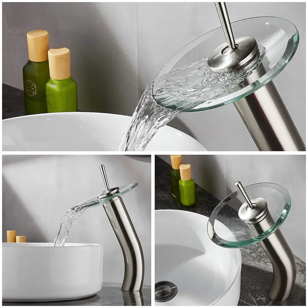 Tall Glass Waterfall Mixer Bathroom Faucet Brass Single Lever Basin Vanity Lavatory Vessel Sink Faucet 11 Inches