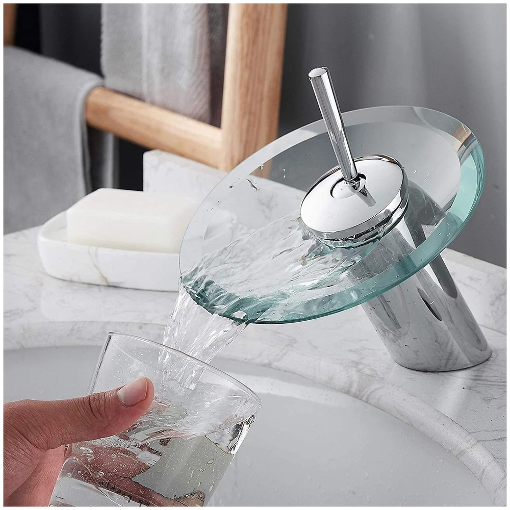 Chrome Glass Waterfall Basin Mixer Tap Fancy Round Pillar Cock