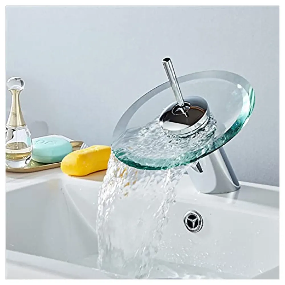 Chrome Glass Waterfall Mixer Basin Tap Faucet Basin Mixer Fancy Round Pillar Tap Cock Hot and Cold Bathroom Faucet Brass Single Lever Sink Faucet.