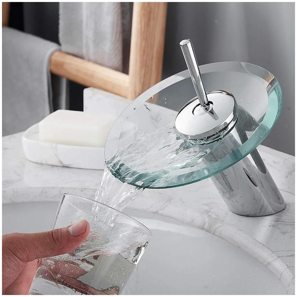 BUCKLE UP Glass Basin Tap Faucet, Transparent, Chrome Finish