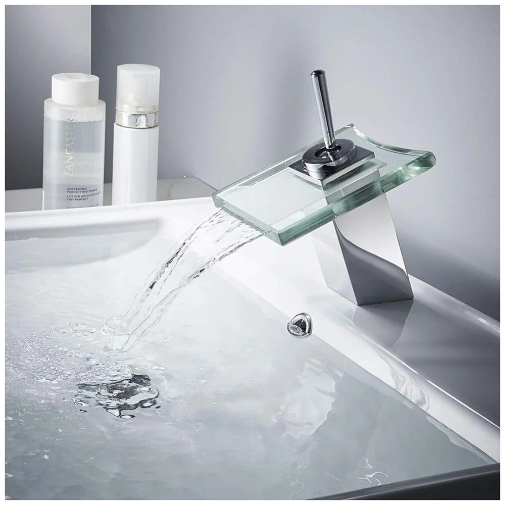 Square Glass Waterfall Mixer Bathroom Faucet Brass Vessel Sink