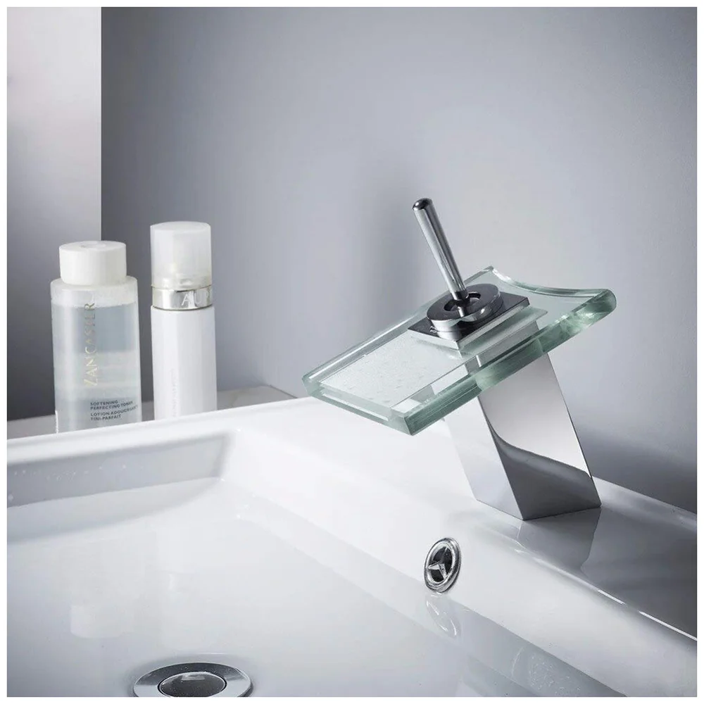 Square Glass Waterfall Mixer Bathroom Faucet Brass Vessel Sink