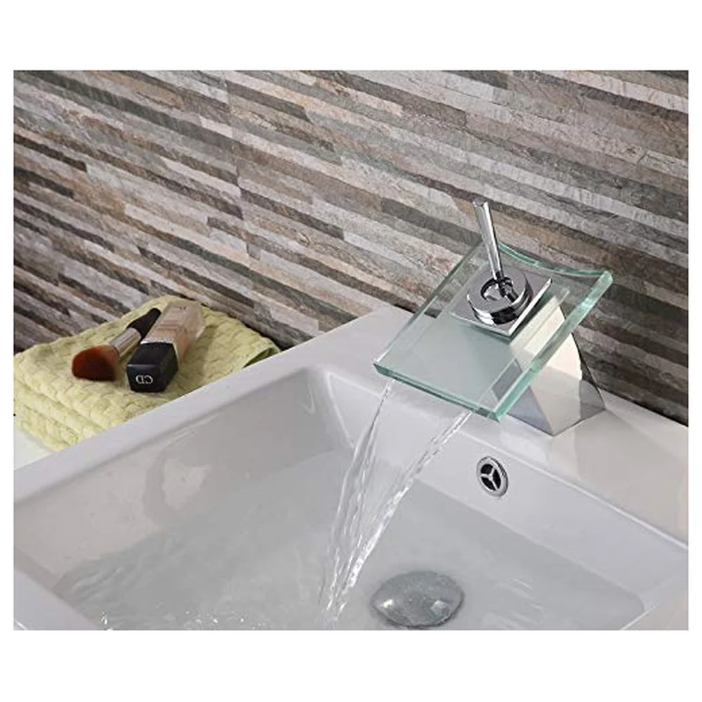 Square Glass Waterfall Mixer Bathroom Faucet Brass Vessel Sink