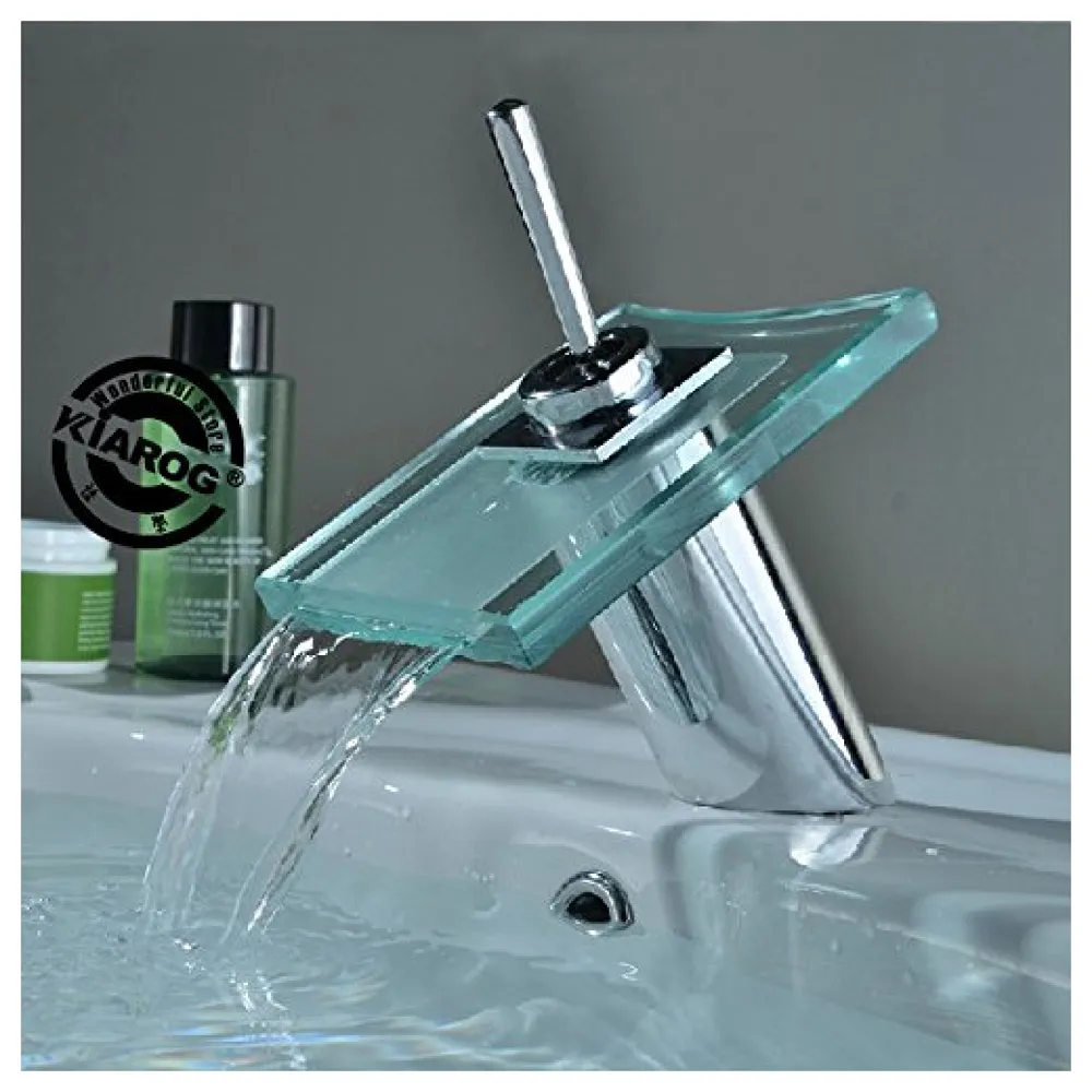 BUCKLE UP Brass, Glass Polished Chrome Finished Elegant Bathroom Waterfall Glass Basin Tap Faucet Mixer (Hot & Cold Water)