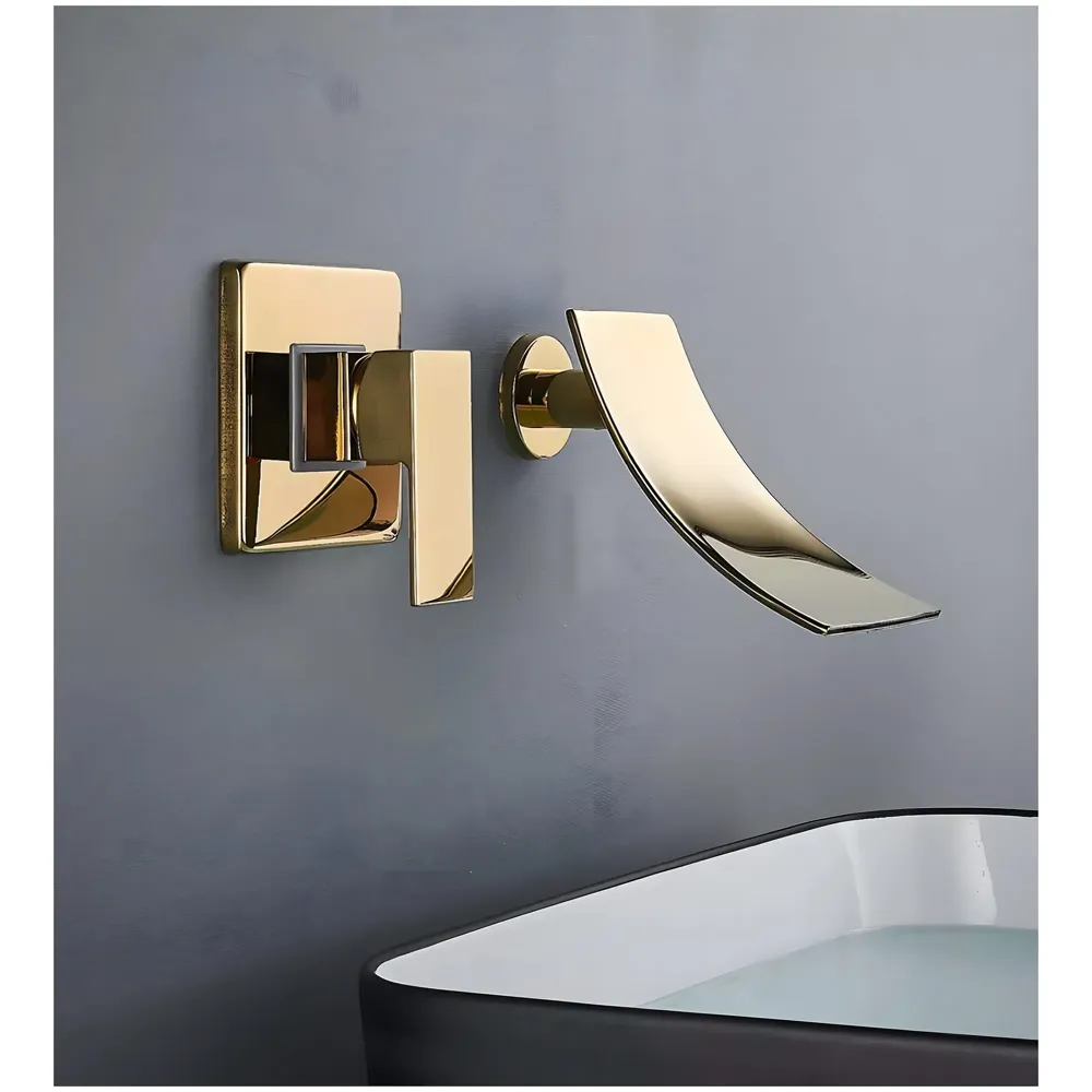 Gold Waterfall Basin Tap Faucet Mixer Wall Brass for Bathroom Toilet Wash Basins Hot and Cold Water - Golden Colour - 19 cm