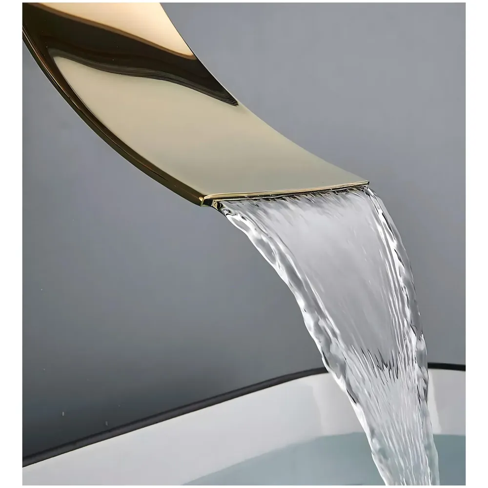 Gold Waterfall Basin Tap Faucet Mixer Wall Brass for Bathroom Toilet Wash Basins Hot and Cold Water - Golden Colour - 19 cm