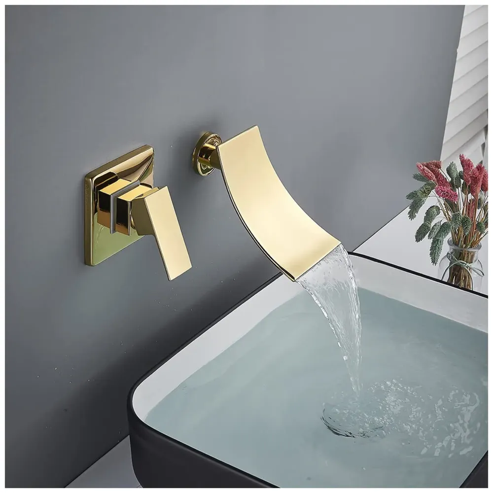 Gold Waterfall Basin Tap Faucet Mixer Wall Brass for Bathroom Toilet Wash Basins Hot and Cold Water - Golden Colour - 19 cm