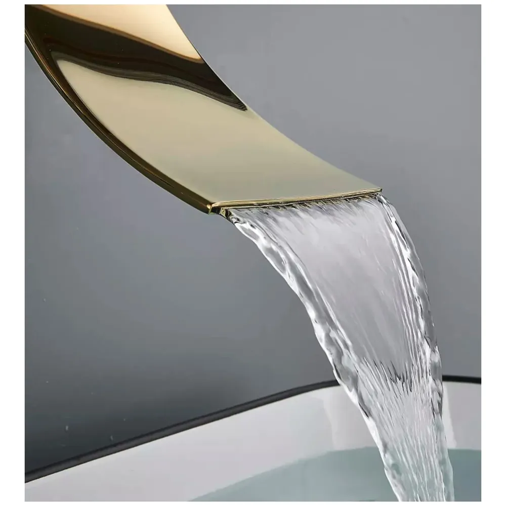 Gold Waterfall Basin Tap Faucet Mixer Wall Brass for Bathroom Toilet Wash Basins Hot and Cold Water - Golden Colour - 19 cm