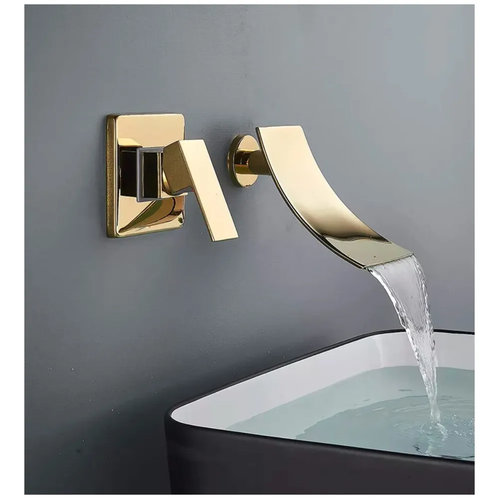 Gold Waterfall Basin Tap Faucet Mixer Wall Brass for Bathroom Toilet Wash Basins Hot and Cold Water - Golden Colour - 19 cm