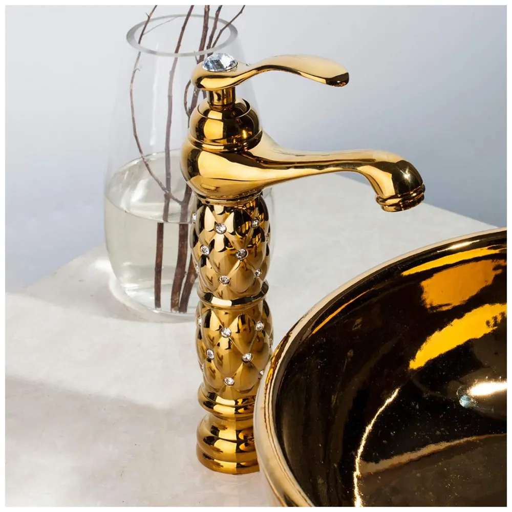 Gold Brass Heavy Basin Mixer Faucet Tap for Bathroom Toilet Wash Basins Hot and Cold Water, Gold Diamond 12 Inch Height