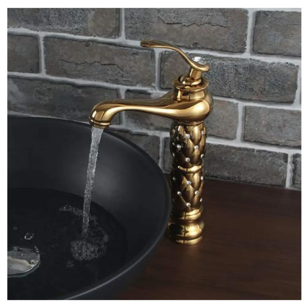 Gold Brass Heavy Basin Mixer Faucet Tap for Bathroom Toilet Wash Basins Hot and Cold Water, Gold Diamond 12 Inch Height
